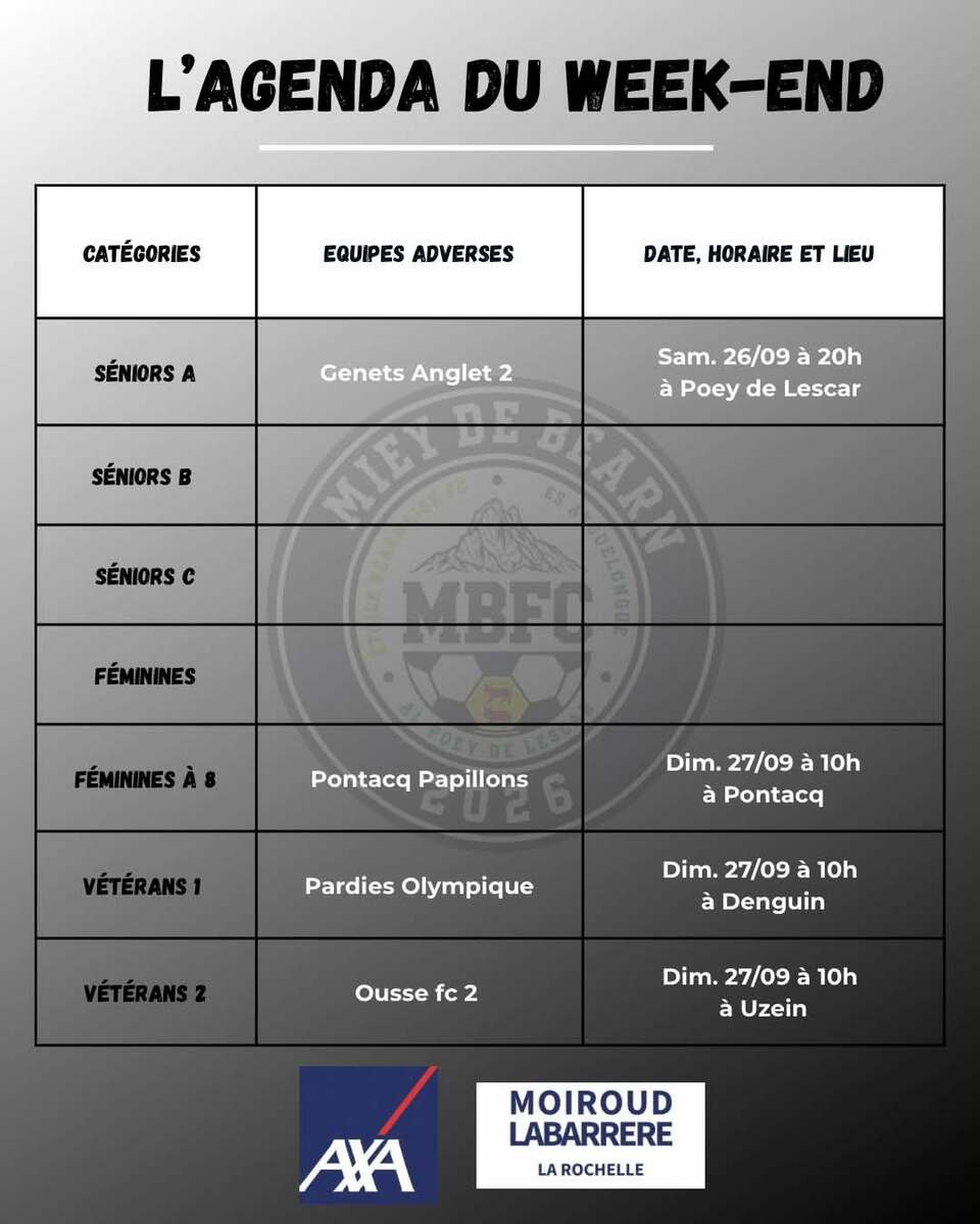 L’agenda du week-end 26 et 27/09 2026 parrainé par notre partenaire AXA MOIROUD LABARRERE