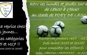 C’est la reprise pour les jeunes U15 et U17 du Groupement Jeunes du Miey de Béarn !  Rendez-vous sur le terrain de Poey de Lescar pour le mois d’août 🏟